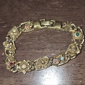 Vintage 1960's Goldette Link Bracelet Bee Snake Flowers Gold Plated Bracelet